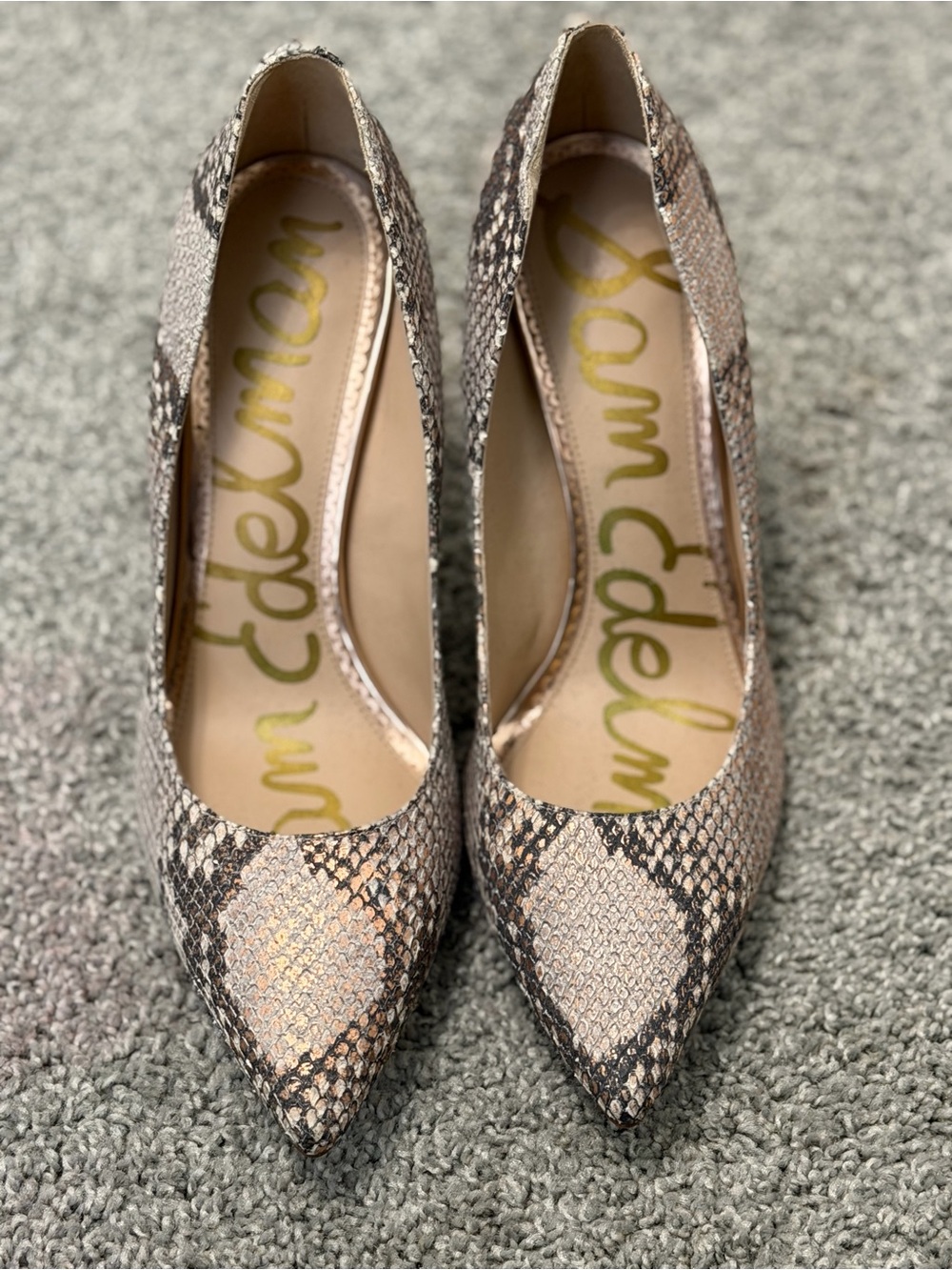 Sam Edelman Snake-Print Pointed Toe Pumps in Beige and Brown
